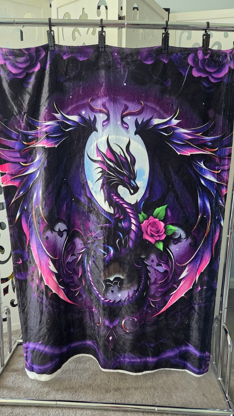 Purple Dragon Moon Rose Plush Throw Blanket Gothic Fantasy 50 x 60 NWOT